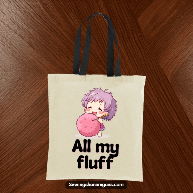 Funny tote bag showing a cheerful character using a needle to poke a large pom-pom, practical for crafters.