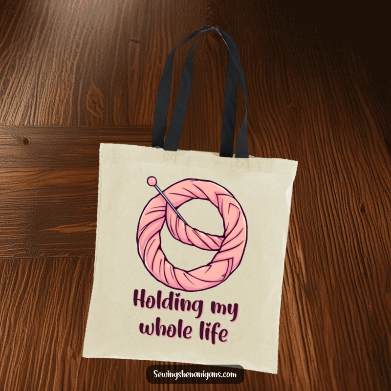 Funny Tote Bag: A determined thread twists a needle into a pretzel, a humorous depiction of crafting challenges.