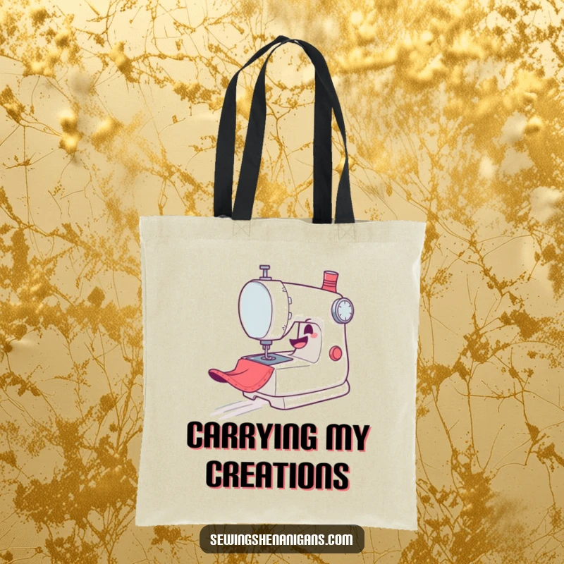 Funny Tote Bag: A mischievous sewing machine character gleefully zooms across fabric, perfect for carrying sewing essentials.