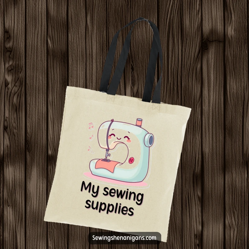 Funny tote bag adorned with a playful sewing machine character happily stitching and humming, perfect for carrying sewing essentials.