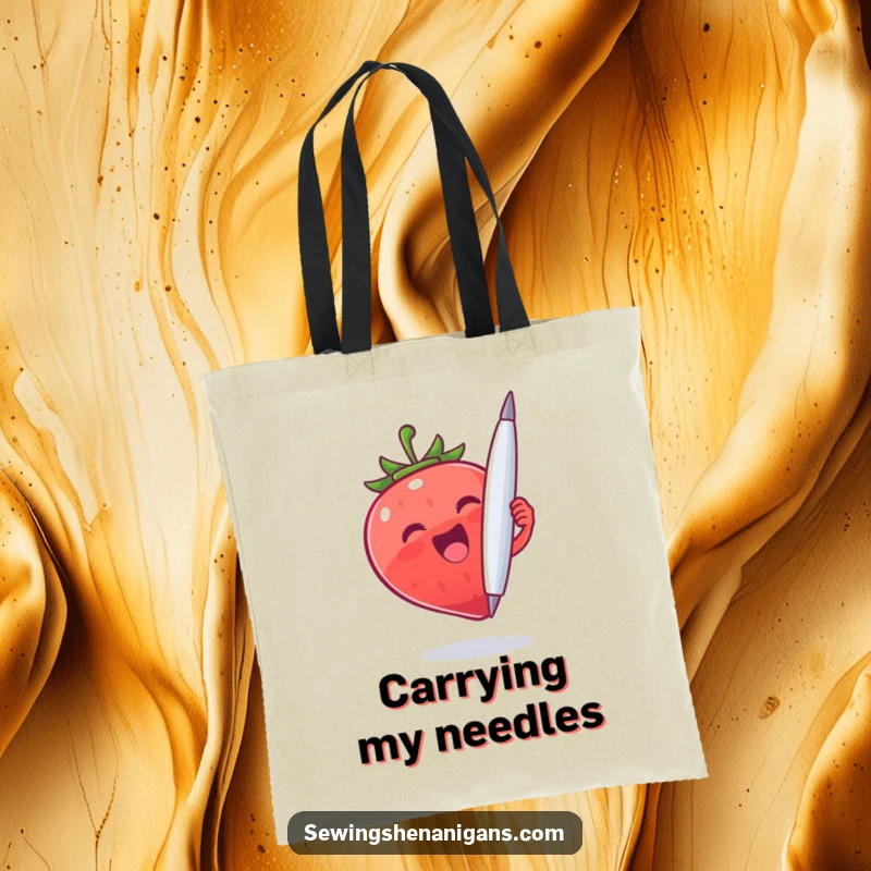 Funny Strawberry Needle Tote Bag: A cheerful strawberry character holding a giant needle, great for a funny and practical gift.
