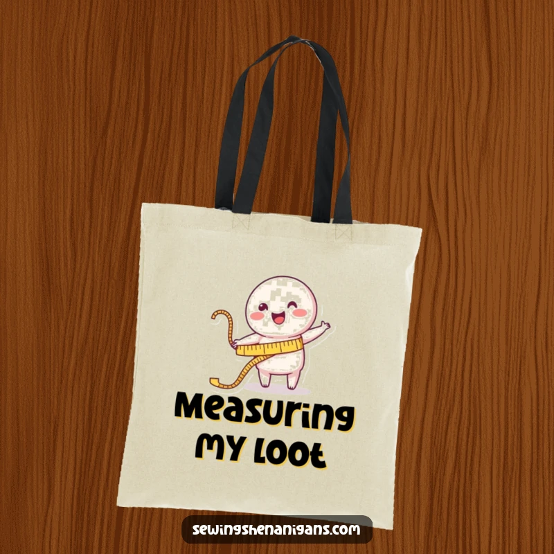 Funny Tote Bag: A happy measuring tape character cheerfully stretches towards a garment, perfect for carrying sewing project essentials.