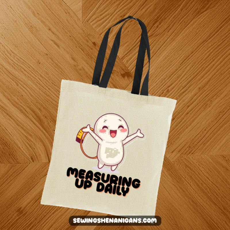 Funny Measuring Tape Tote Bag with a happy character fully extended, ideal for carrying sewing supplies and tools with a playful vibe.
